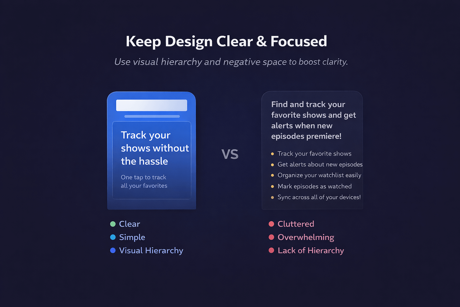 Side-by-side comparison of a clear screenshot versus a cluttered screenshot to show hierarchy and negative space.